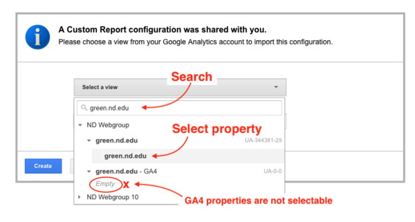 Screenshot of Google Analytics Report Import process with Select a View drop down open and the search field and property noted