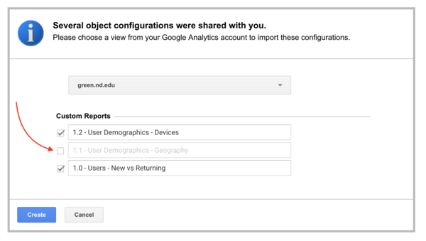 Screenshot of Google Analytics Report Import process for a report bundle with an arrow pointing out the an unchecked checkbox by a listed report